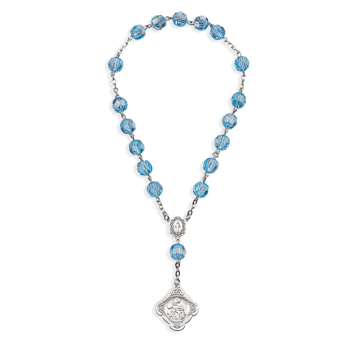 Sterling Silver St. Ann Chaplet with Miraculous Centerpiece made with Finest Crystal 7mm Light Sapphire Beads  - S493ANN