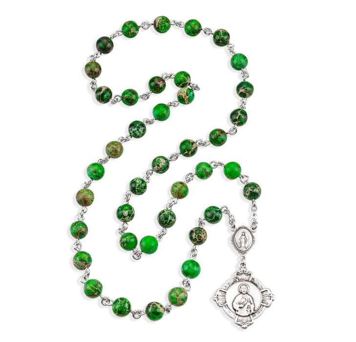 Sterling Silver St. Jude Chaplet with Miraculous Centerpiece made with Imperial 8mm Green Jasper Beads 6mm - S493JUD