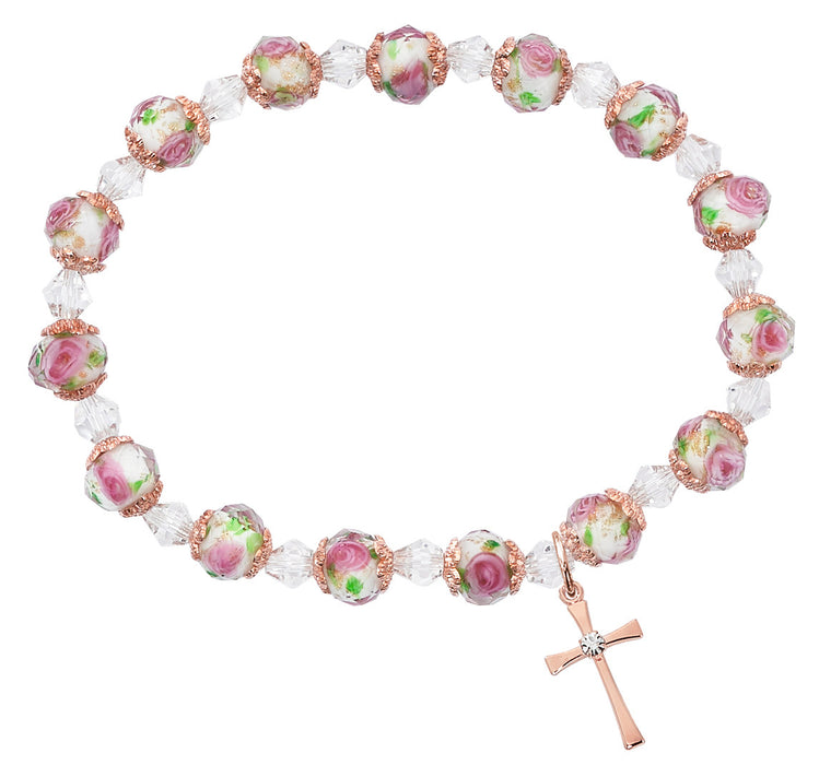 ROSE GOLD FLOWER CROSS STRETCH BRACELET-BR199