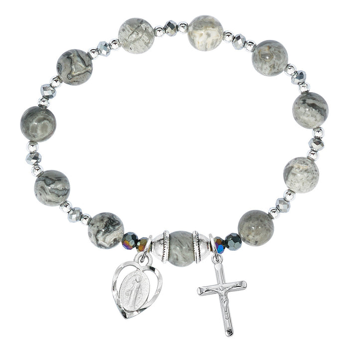 GREY MARBLE ROSARY STRETCH BRACELET