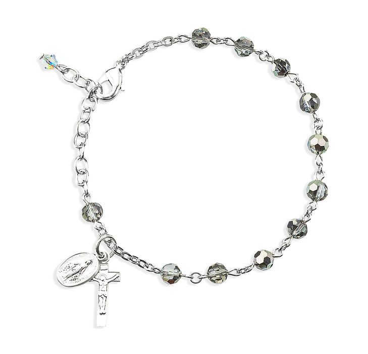 Metallic Silver Round Faceted Crystal Rosary Bracelet - BR5050MS