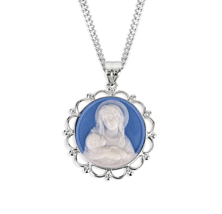 Light Blue Sterling Silver Madonna and Child Cameo Miraculous Medal - CM170524