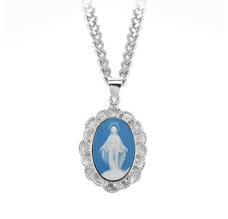 Light Blue Sterling Silver Cameo Miraculous Medal - CM171518