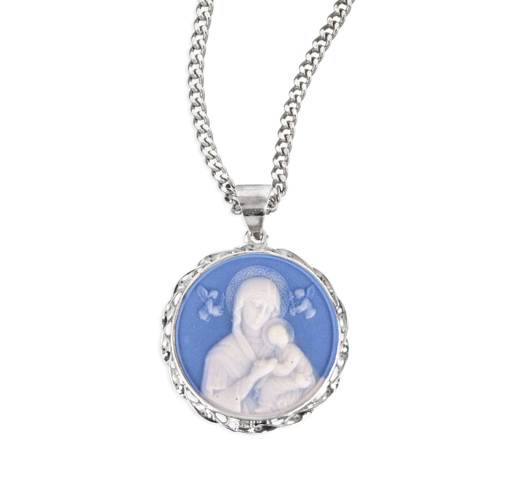 Light Blue Sterling Silver Our Lady of Perpetual Help Cameo Medal - CM171920