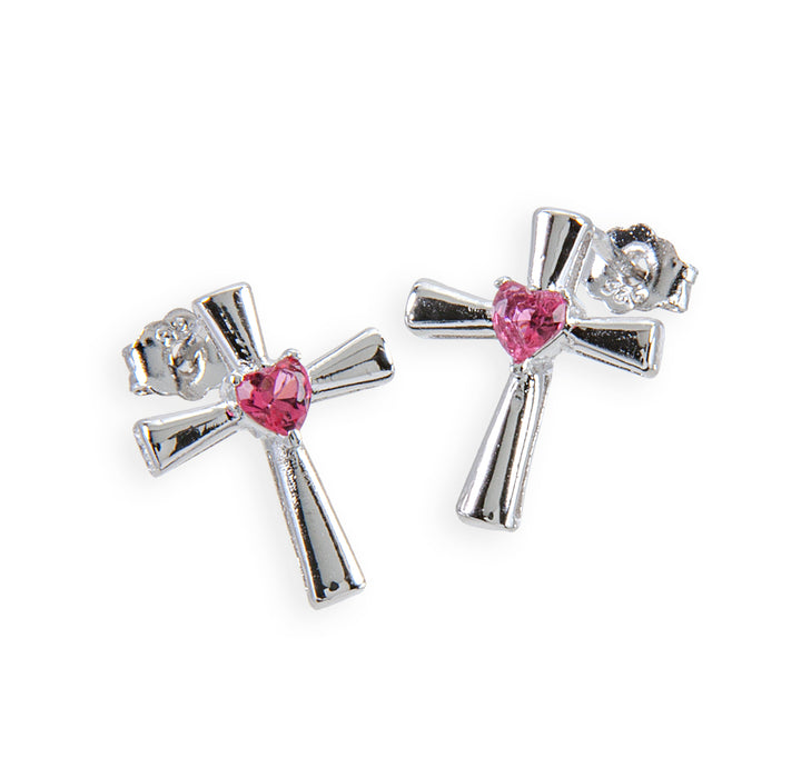 Sterling Silver Cross Earrings with Pink Heart-Shaped CZ - ER3982