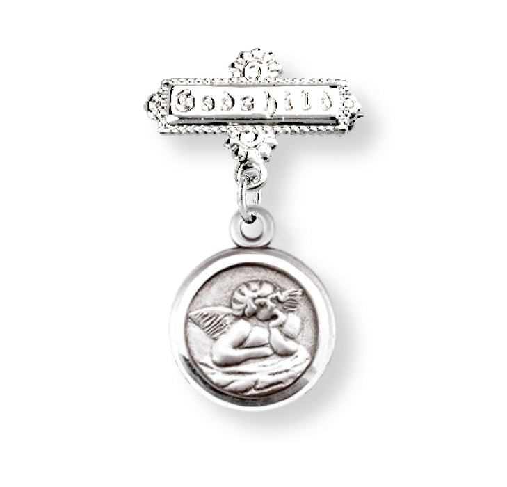 Guardian Angel Round Sterling Silver Medal on a Godchild Bar Pin - GP1640