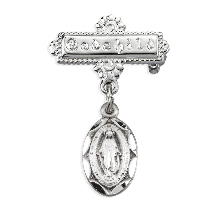 Sterling Silver Plain Miraculous Medal Godchild Bar Pin - GP2101