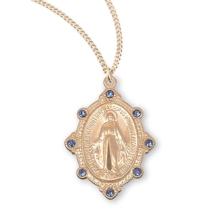 Gold Over Sterling Silver Miraculous Medal Set with Light Sapphire Crystals - GS3188LS18