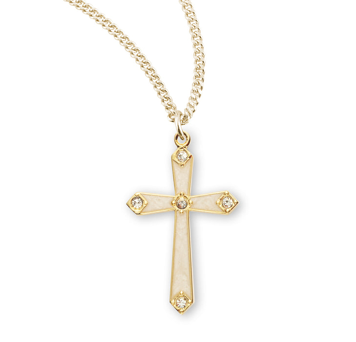 Gold Over Sterling Silver Pearl Enameled Cross with Five Crystals - GS3776WH18