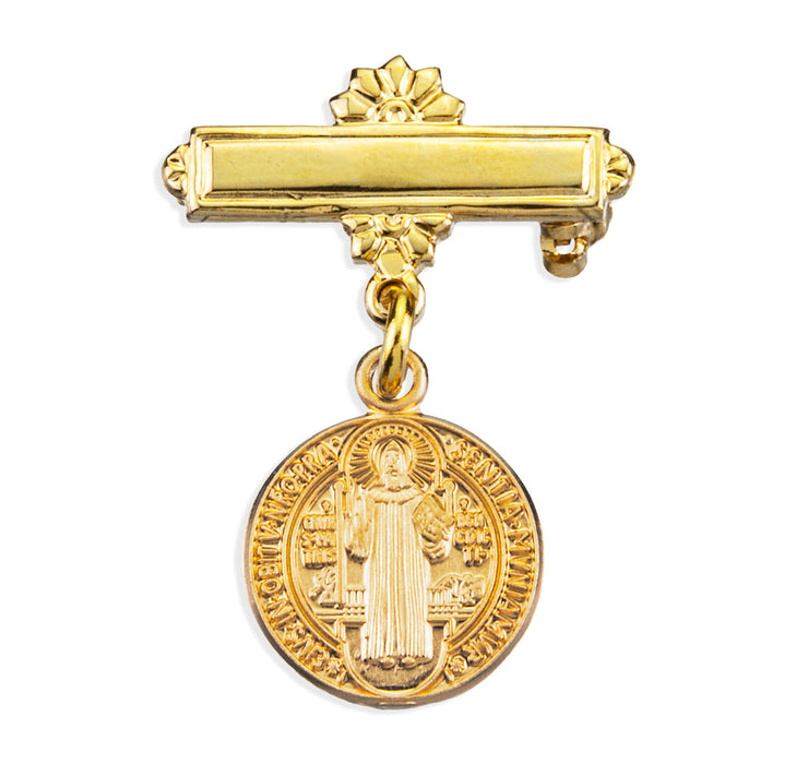 Gold Over Sterling Silver Saint Benedict Medal on a Bar Pin - GSP1677