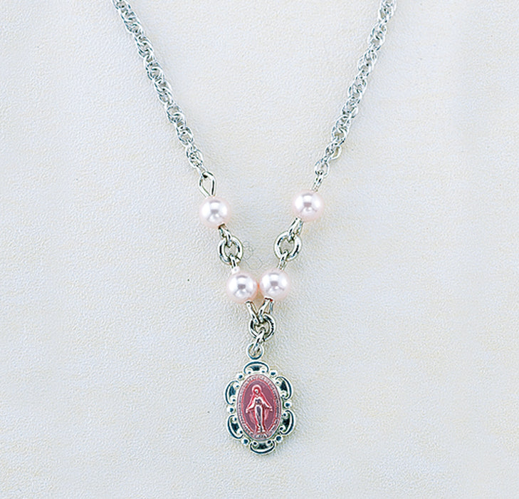 Sterling Silver Miraculous Medal Necklace Adorned with 4mm Pink finest Austrian Crystal Pearl Beads - N2102PK