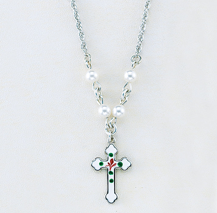 Sterling Silver Enameled Cross Necklace Adorned with 4mm White finest Austrian Crystal Pearl Beads - N3768WT