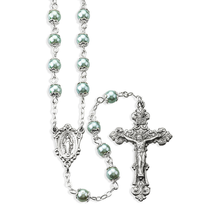 Light Blue Imitation Pearl Double Capped New England Pewter Rosary - PR1072BL