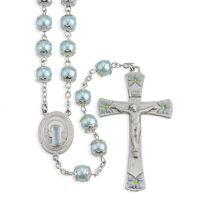 8mm Round Blue Glass Capped Bead with New England Pewter Blue Enameled Center & Crucifix - PR1904BE