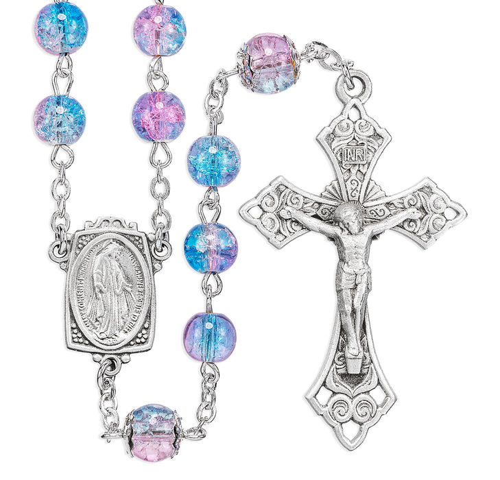 Aqua and Pink Crackle Glass Bead New England Pewter Rosary - PR5986AP