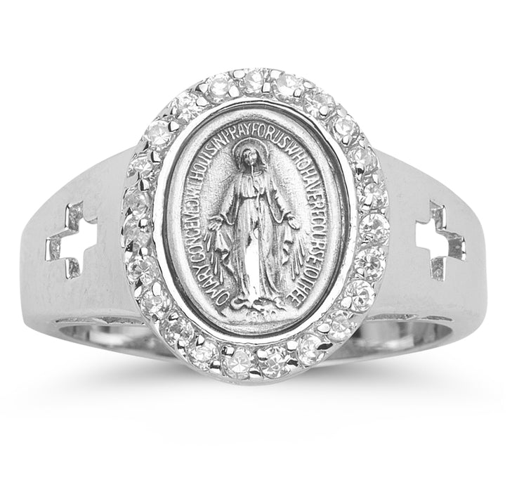 Sterling Silver Miraculous Medal Crystal Cubic Zirconia Ring Size 6 - R41106CR