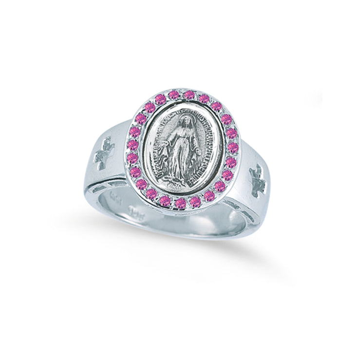 Sterling Silver Miraculous Medal Pink Cubic Zirconia Ring Size 7 - R41107PK