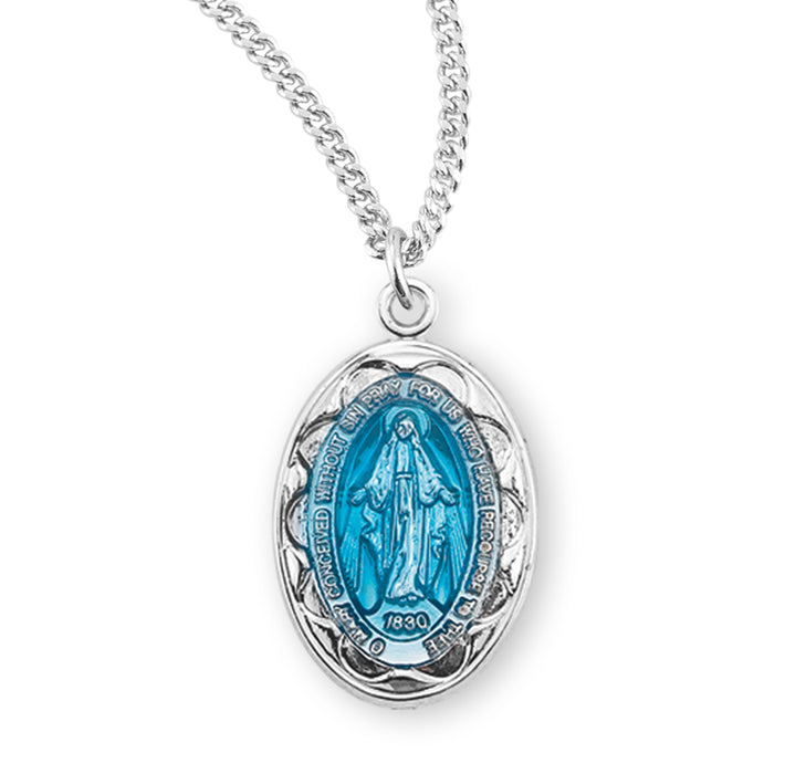 Sterling Silver Oval Blue Enameled Miraculous Medal - S1132BL18