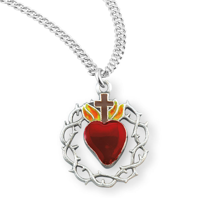 Sterling Silver Red Enameled Heart "Crown of Thorns" Medal - S126320