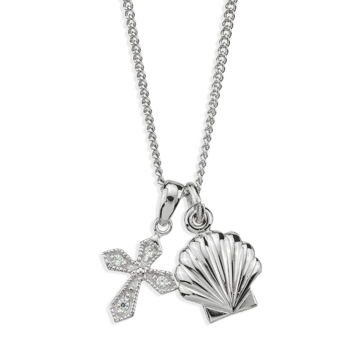 Sterling Silver Baptismal Shell Medal and Small CZ Cross - S1395391018