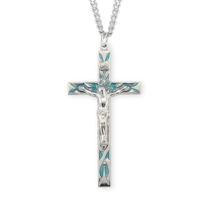 High Polished Blue Enameled Sterling Silver Crucifix - S162BL24