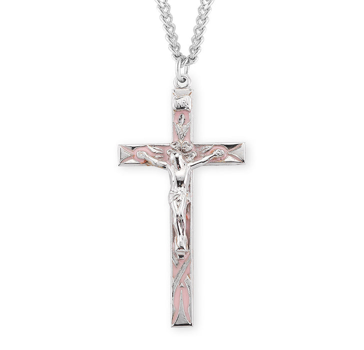 High Polished Pink Enameled Sterling Silver Crucifix - S162PK24