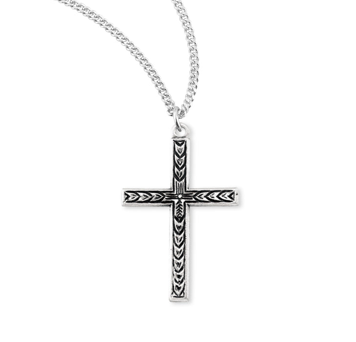 Engraved Leaf Design Sterling Silver Cross - S171218