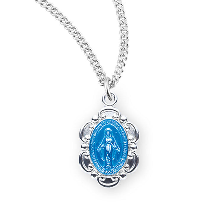 Sterling Silver Blue Enameled Oval Fancy Edge Miraculous Medal - S2102BL18