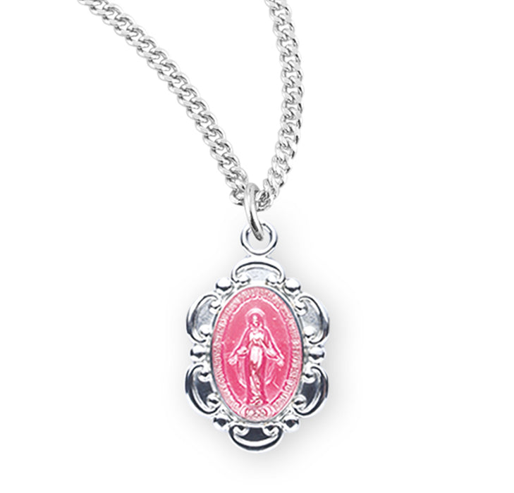 Sterling Silver Pink Enameled Oval Fancy Edge Miraculous Medal - S2102PK18