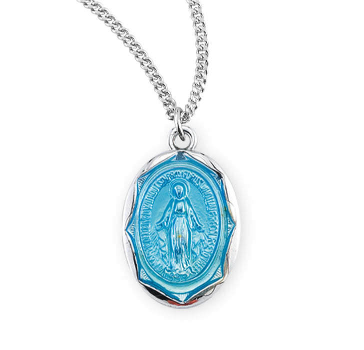 Sterling Silver Oval Blue Enameled Miraculous Medal - S2121BL18