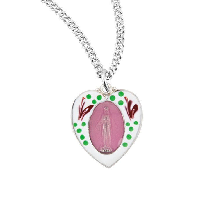 Sterling Silver Flower Enameled Heart Shape Miraculous Medal - S2140PK18