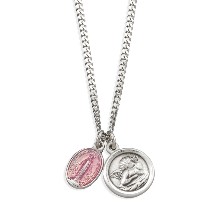 Sterling Silver Pink enamel Miraculous Medal and Sterling Cherub Medal - S3100P164018