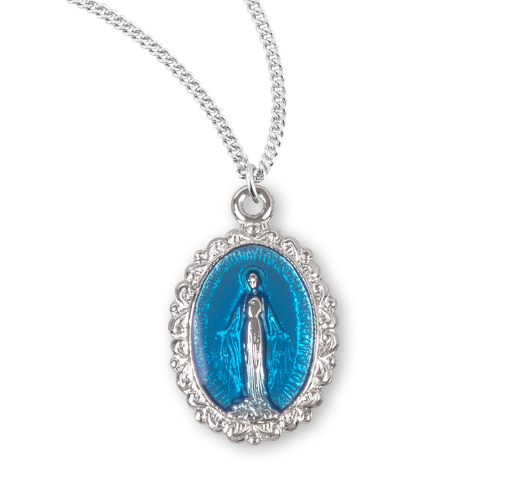 Sterling Silver Oval Blue Enameled Miraculous Medal - S3140BL18