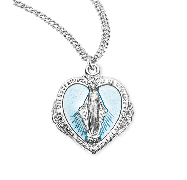 Sterling Silver Blue Enameled Heart Shape Miraculous Medal - S3163BL20