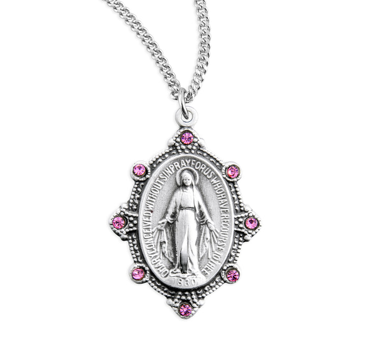 Sterling Silver Oval Miraculous Medal Set with Pink Crystals - S3188PK18