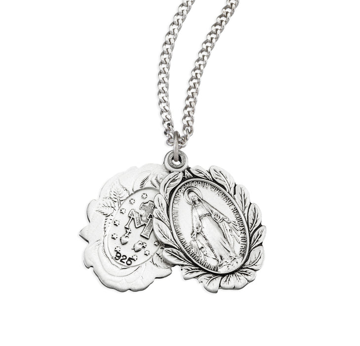 Sterling Silver Double Slide Rose Bud Miraculous Medal 20" - S319218