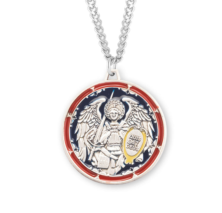 Saint Michael the Archangel Round Sterling Silver Enameled Medal - S340724