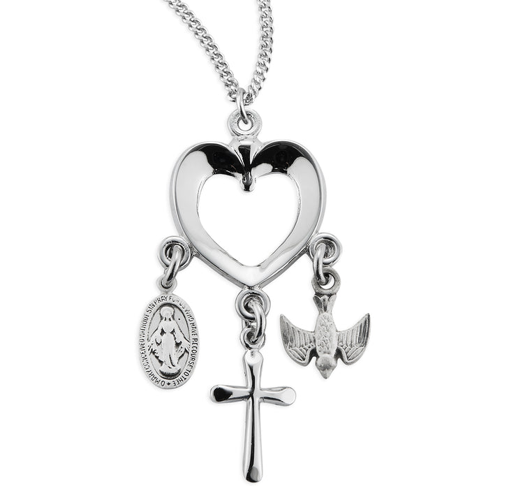 Sterling Silver Heart with Miraculous Medal, Cross & Holy Spirit Charms - S373318