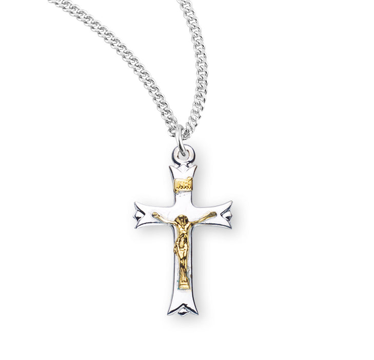 Sterling Silver Two Toned Notched Flared Tip Crucifix - S3807TT18