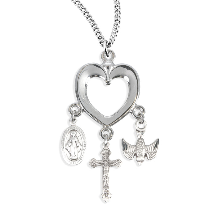 Sterling Silver Heart with Miraculous Medal, Crucifix & Holy Spirit Charms - S383318