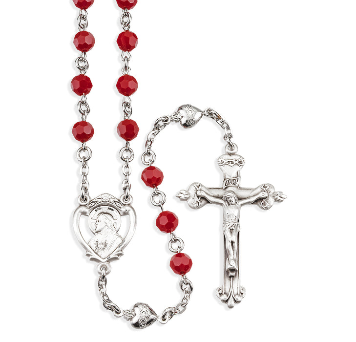 Sterling Silver Sacred Heart of Jesus Chaplet made with 6mm Finest Crystal Blood Red Beads & Silver Heart Beads  - S493SHJ887