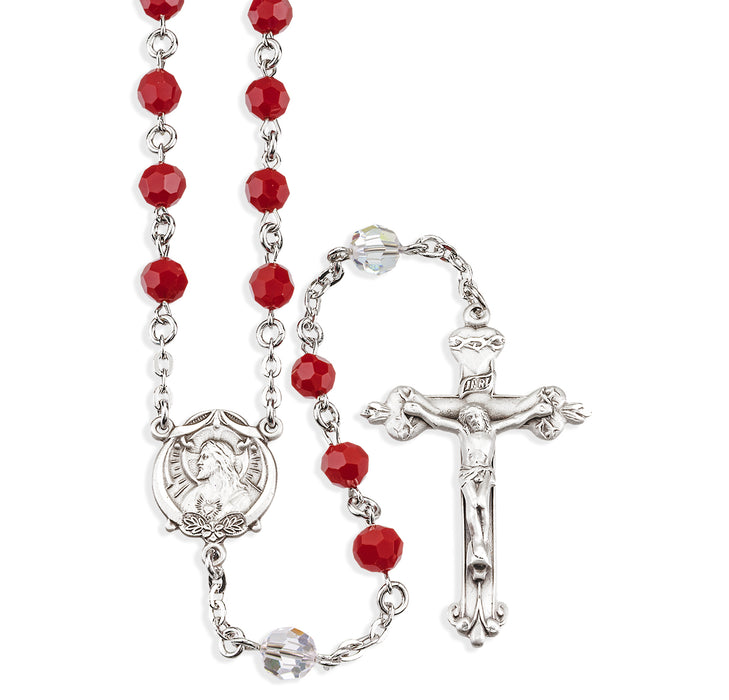 Sterling Silver Sacred Heart of Jesus Chaplet made with 6mm Finest Crystal Blood Red & Crystal Beads  - S493SHJRDCR