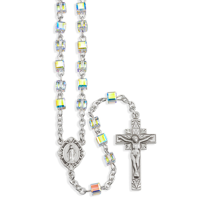 Sterling Silver Rosary handmade with finest Austrian Crystal 4mm Aurora Borealis Cube Shape Beads by HMH - S504CR