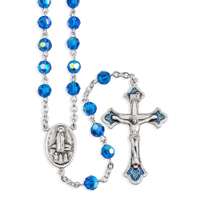 Sterling Silver Rosary Hand Made with finest Austrian Bermuda Blue Crystal 6mm Faceted Round Beads by HMH - S560BB