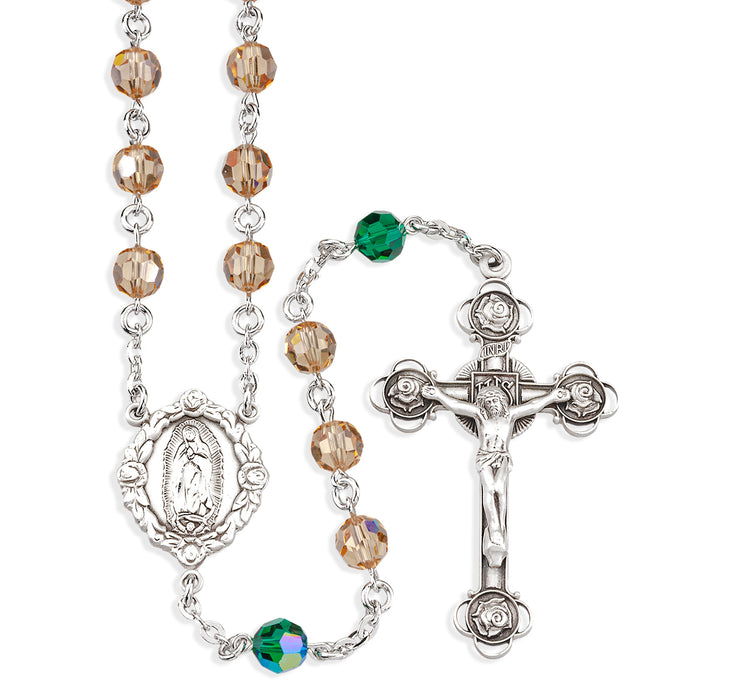 Sterling Silver OL of Guadalupe Rosary made with 6mm Finest Crystal Topaz and Emerald Beads  - S560GUA