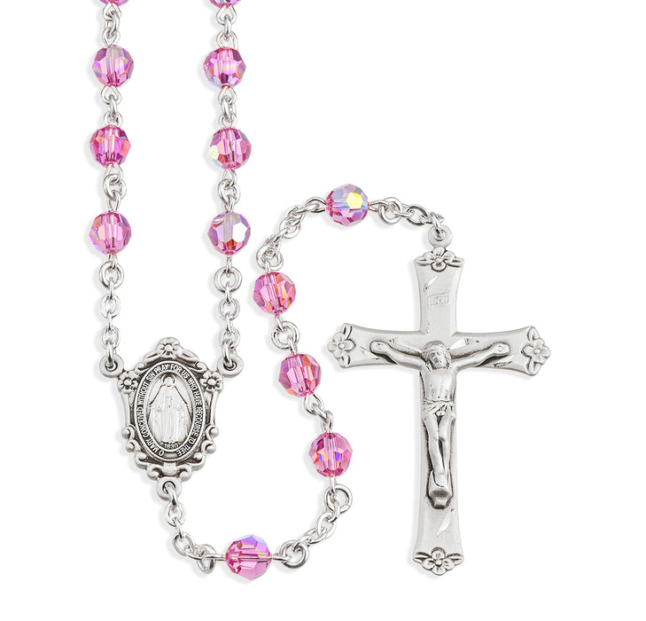 Sterling Silver Rosary Hand Made with finest Austrian Crystal 6mm Pink Faceted Round Beads by HMH - S560PK