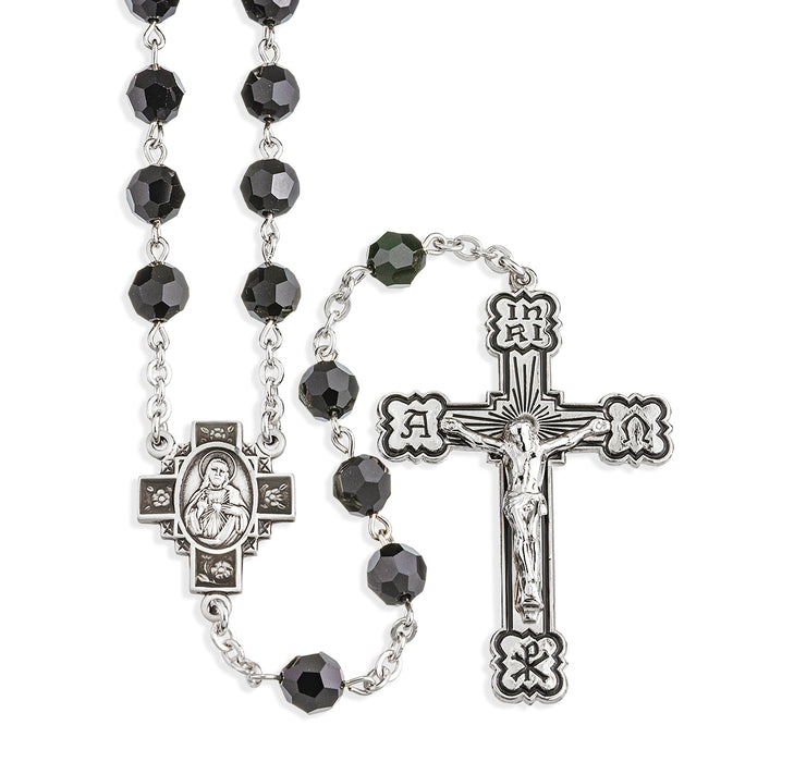 Sterling Silver Rosary Hand Made with finest Austrian Crystal 6mm Jet Faceted Round Beads by HMH - S570JT