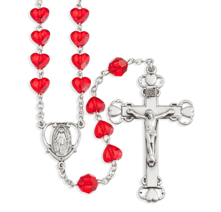 Sterling Silver Rosary Hand Made with finest Austrian Crystal 8mm Red Heart Shape Beads by HMH - S5741RD