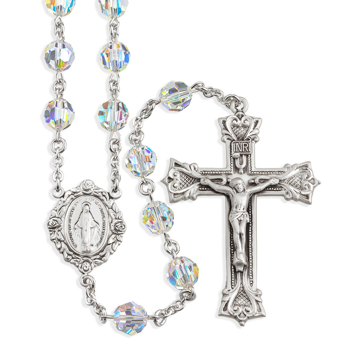 Sterling Silver Rosary Hand Made with finest Austrian Crystal 8mm Aurora Borealis Beads by HMH - S580CR