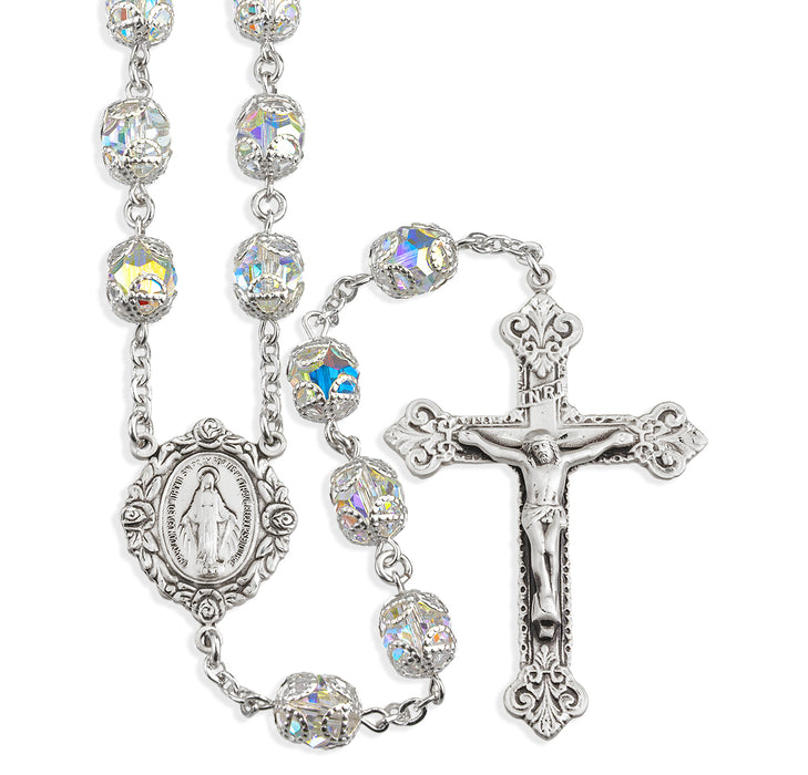 Sterling Silver Rosary Hand Made with finest Austrian Crystal 8mm Aurora Borealis Double Capped Beads by HMH - S580DCCR